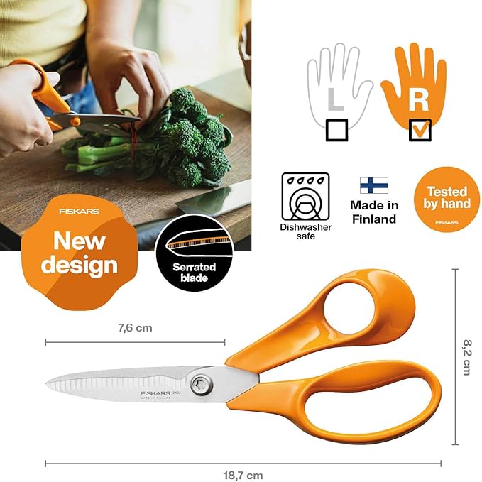 Fiskars Classic Kitchen Scissors, Serrated Blades, Right-Handed use, Total Length: 18.7 cm, Improved Torx Screw and More Ergonomic Handle, Quality Steel/Plastic, Orange, 1075051