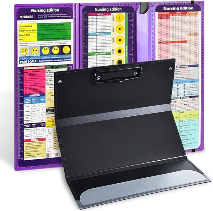 Vuzvuv Nursing Clipboard Foldable, Purple Nurse Pocket Clipboard 3 Layers with Nursing Medical Edition Cheat Sheets, Foldable Nurse Clip Boards Notepad for Students, Nurses, Doctors and Medical Staff