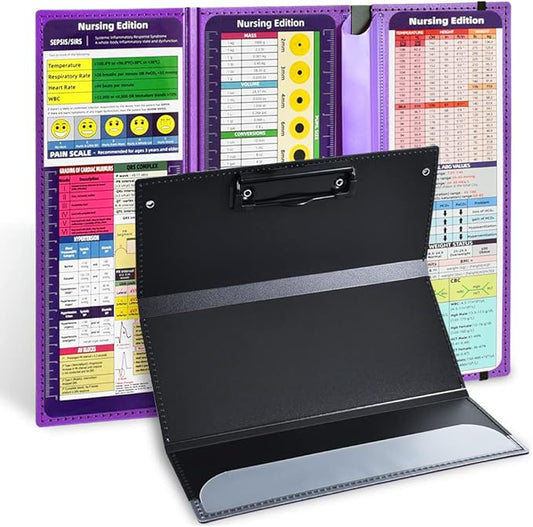 Vuzvuv Nursing Clipboard Foldable, Purple Nurse Pocket Clipboard 3 Layers with Nursing Medical Edition Cheat Sheets, Foldable Nurse Clip Boards Notepad for Students, Nurses, Doctors and Medical Staff