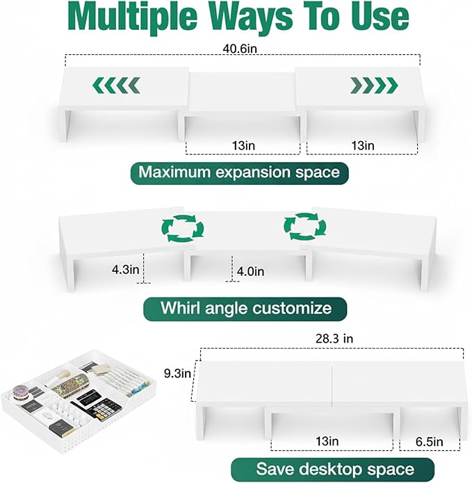 OPNICE Desk Organizer, Dual Computer Monitor Stand Riser with Drawer, Office Desk Accessories & Workspace Organizers, White