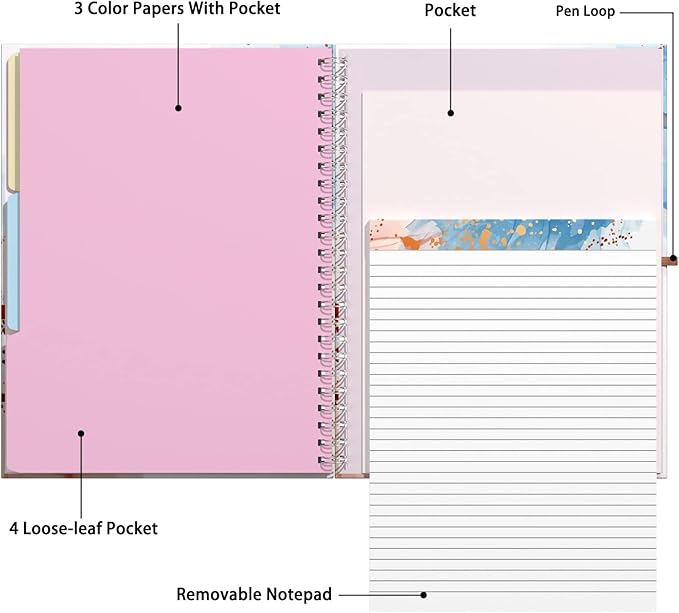 Rimilak Spiral Clipboard Folio with Refillable Lined Notepad, 14.5 x 9.8 In, Hardcover Cover with 5 Interior Pockets, Elastic Band and Pen Loop Series. Cute Stylish Clipfolio, Abstract Marble