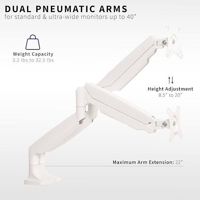 VIVO Premium Aluminum Heavy Duty Dual Monitor Arm for Ultrawide Monitors up to 40 inches and 32.5 lbs Each, Desk Mount Stand, Pneumatic Height, Max VESA 100x100, White, STAND-V202QW