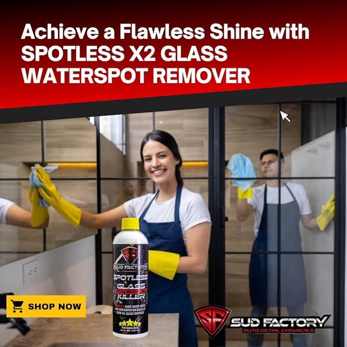 Sud Factory Hard Water Spot Remover for Glass Spotless X2 - Removes Water Stains from Shower Doors, Car Windows, Windshields - Professional Strength 16oz