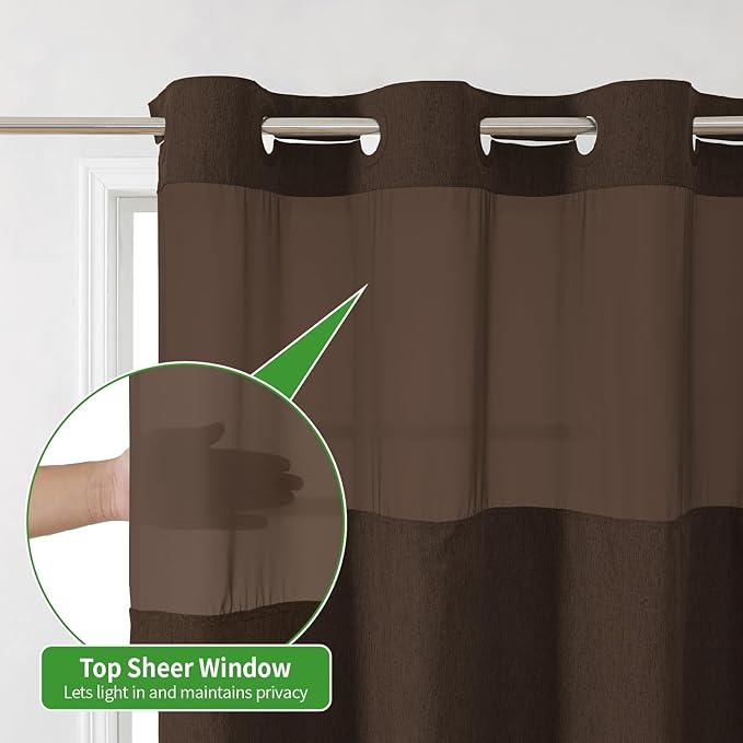 No Hooks Needed Linen Textured Shower Curtain with Snap-in Fabric Liner Set,Hotel Luxury Decor Shower Curtains for Bathroom with Mesh Top Window,Waterproof & Washable,71Wx74H,Brown