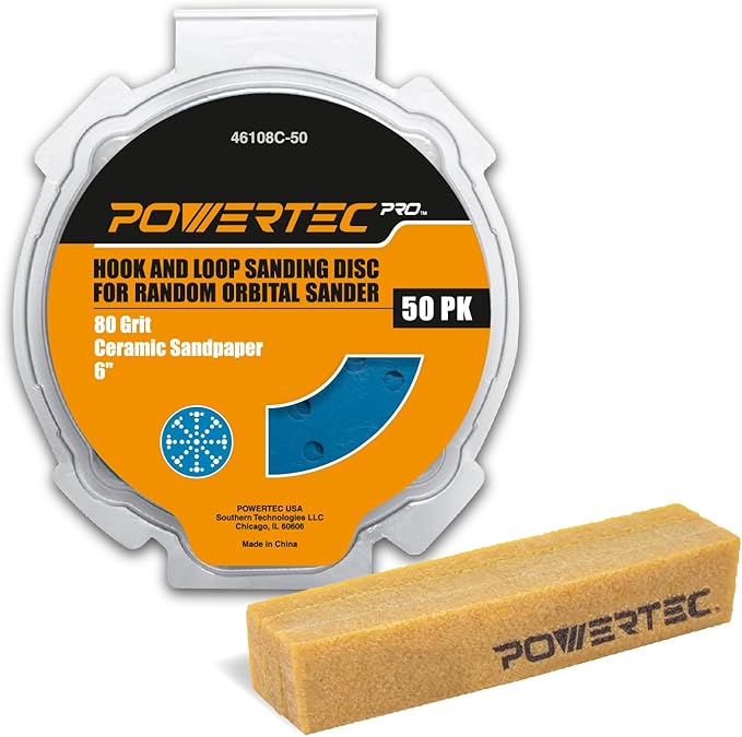 POWERTEC PRO 46101C 50PK 6 Inch 49 Holes Sanding Disc & Abrasive Cleaning Stick, 80 Grit Ceramic Hook and Loop Backing Sandpaper for Festool Random Orbital Sanders-Automotive, Metal, Woodworking