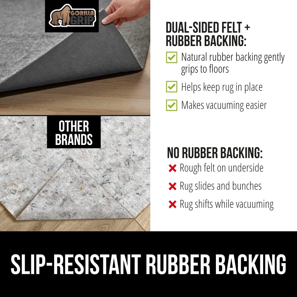 GORILLA GRIP Felt and Natural Rubber Stay in Place Slip Resistant Rug Pad, 1/4in Thick, 6x9 FT Protective Padding Under Area Rugs, Cushioned Gripper Pads, Carpet Runners, Hardwood Floors Protection