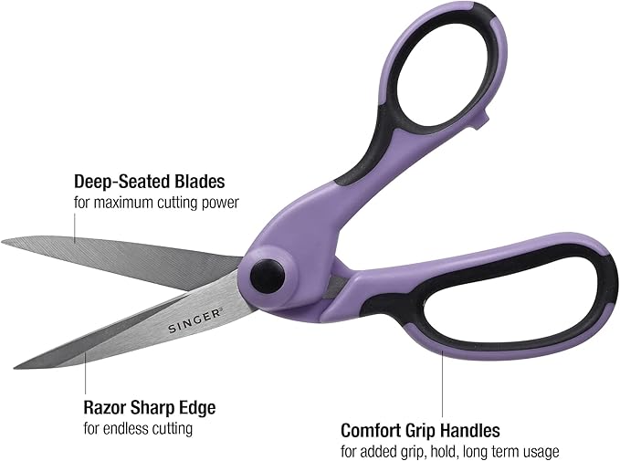 SINGER ProSeries Sewing 8.5" Heavy Duty Fabric Scissors and 4.5" Craft Detail Scissors Set, Lilac Purple, Set of 2 Sewing Scissors