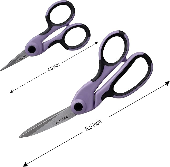 SINGER ProSeries Sewing 8.5" Heavy Duty Fabric Scissors and 4.5" Craft Detail Scissors Set, Lilac Purple, Set of 2 Sewing Scissors