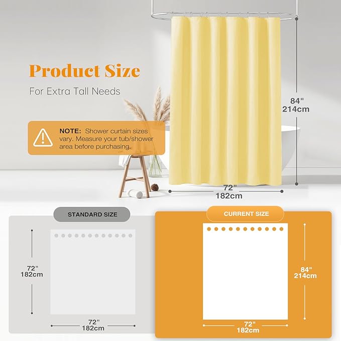BTTN Fabric Shower Curtain, Linen Textured Heavy Duty Polyester Cloth Shower Curtain Set with Plastic Hooks, Yellow, 72" W x 84" L (Pack of 1)