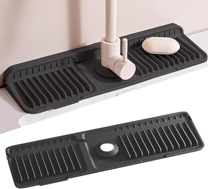Faucet Mat for Kitchen Sink, 2025 New Silicone Sink Splash Guard, 7°Slope Fast Self-draining, Fast Drying Tidy Faucet Mat Splash Guard
