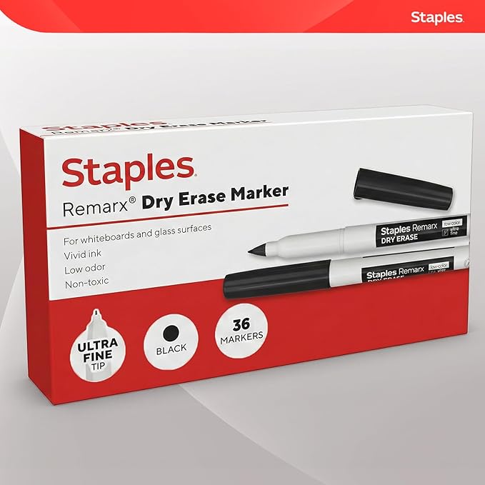 STAPLES Low Odor Dry Erase Markers, Ultra Fine Tip, Black, 36 Pack – Remarx Precision Whiteboard Markers for Offices & Classrooms