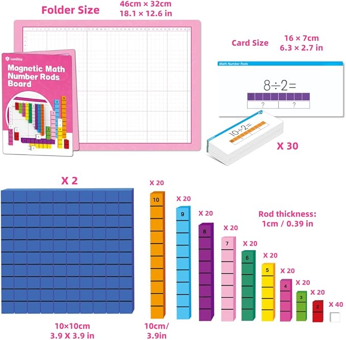 Magnetic Math Number Rods Counting Blocks and Practice Folder Set with Activity Cards, Magnetic Math Counters, Fraction Bars, Foam Math Blocks, Math Manipulatives, Classroom Must Have