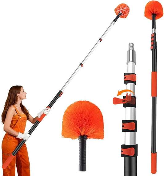 26FT Cobweb Duster with Extension Pole - High Reach Duster for High Ceilings & Outdoor Use - Telescoping Pole 5-20 Ft, Soft Bristles Cobweb Cleaner - 3/4" Acme Universal Thread