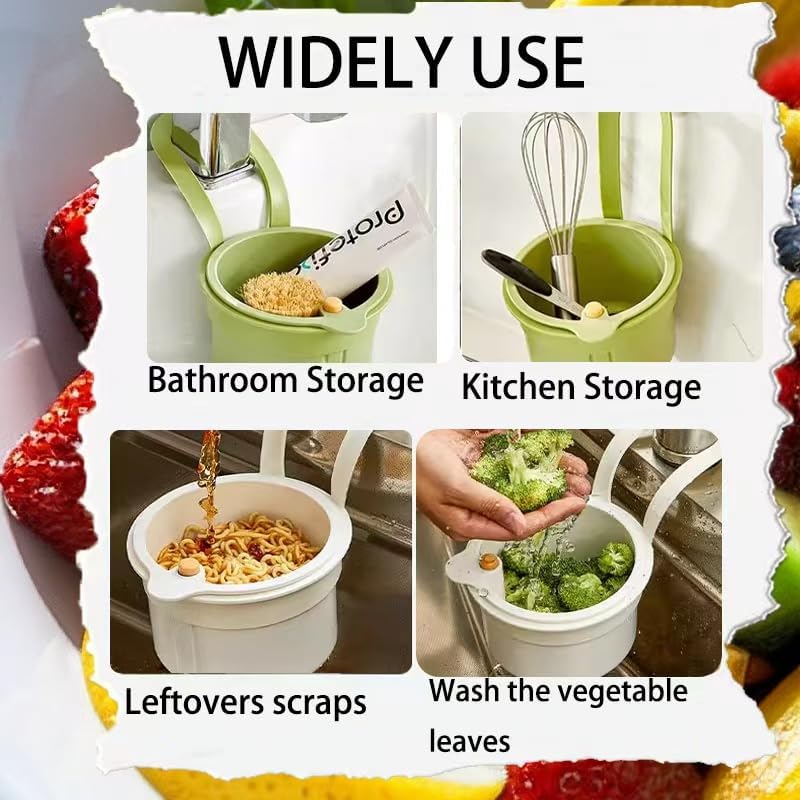 Sink Strainer Basket, Hanging Kitchen Sink Strainer Basket, Press to Dump, Easy Installation, Food Fruit & Vegetable Drainer Rack, Corner Waste Collector (White)