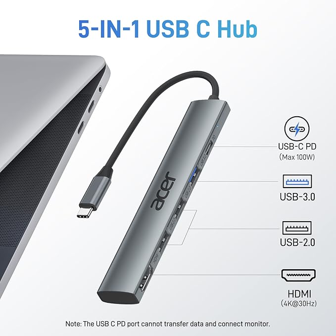 Acer 5 in 1 USB C Hub with 4K HDMI, 100W Power Delivery, 3 USB A Data Ports, USB C to HDMI Multiport Adapter for Laptop, PC, Tablet, MacBook Air, iPad Air, iMac, iPhone 15/16 Pro/Pro Max (2 Pack)
