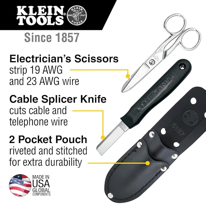Klein Tools 46037 Cable Splicer's Kit with Electricans Scissors, Cable Splicer Knife and 2-Pocket Lather Pouch, Scissors with Wire Stripping Notches Strips 19 and 23 AWG Wire, 3-Piece