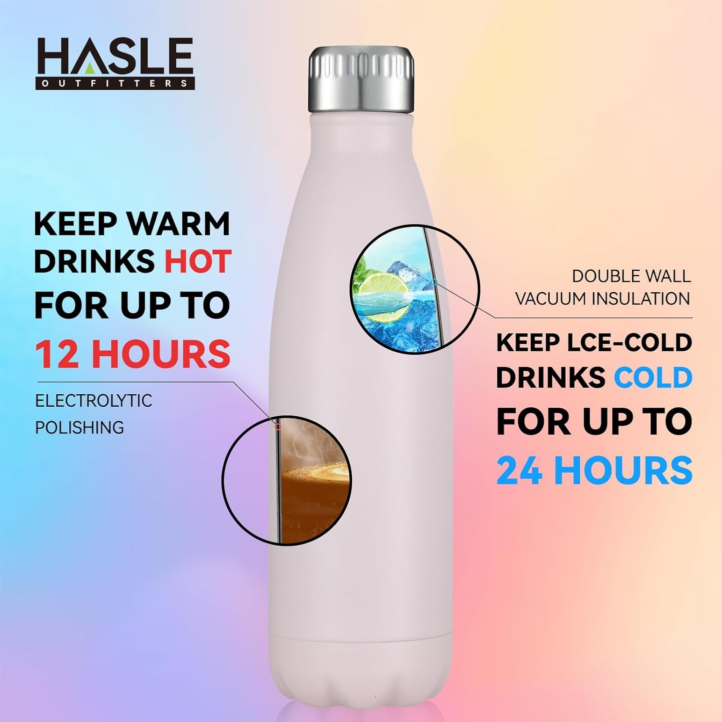 HASLE OUTFITTERS 17oz Stainless Steel Water Bottles Bulk, Vacuum Insulated Water Bottles Double Walled Powder Coated Reusable Metal Sports Water Bottles Keep Drinks Hot and Cold,Pink,4Packs