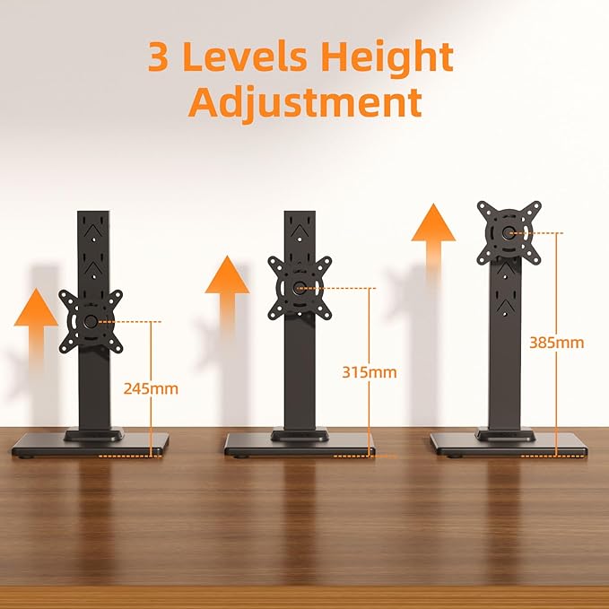 Suptek Single LCD Computer Monitor Free-Standing Desk Stand Mount Riser for 13 inch to 43 inch Screen with Swivel, Height Adjustable, Rotation, 50,75& 100mm Vesa Base Stand, Black