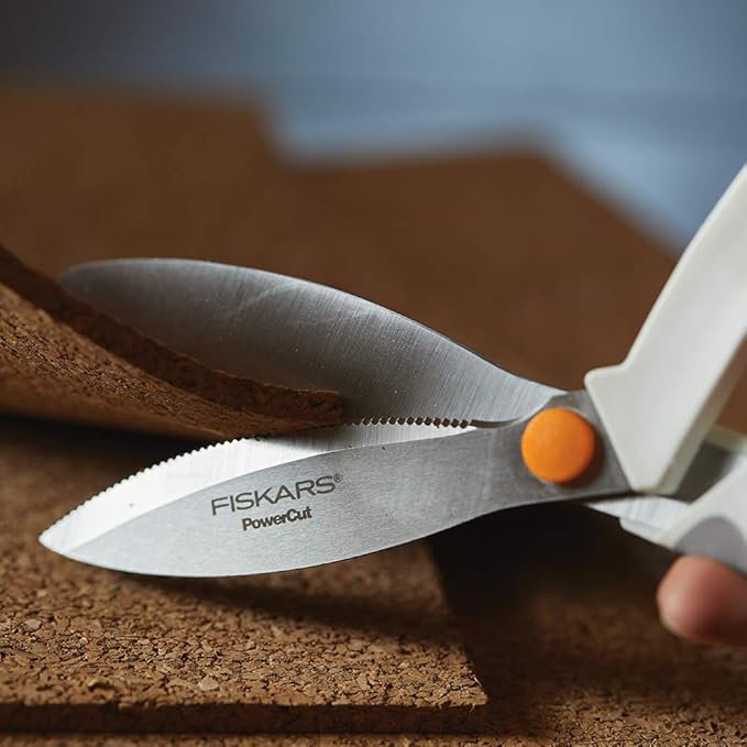 Fiskars SoftGrip PowerCut Fabric and Mixed Media Scissors - 8" Heavy Duty Scissors for Fabric, Cardboard, Cork, Decorative Metal and Foam Cutting with Serrated Blade Edge - White