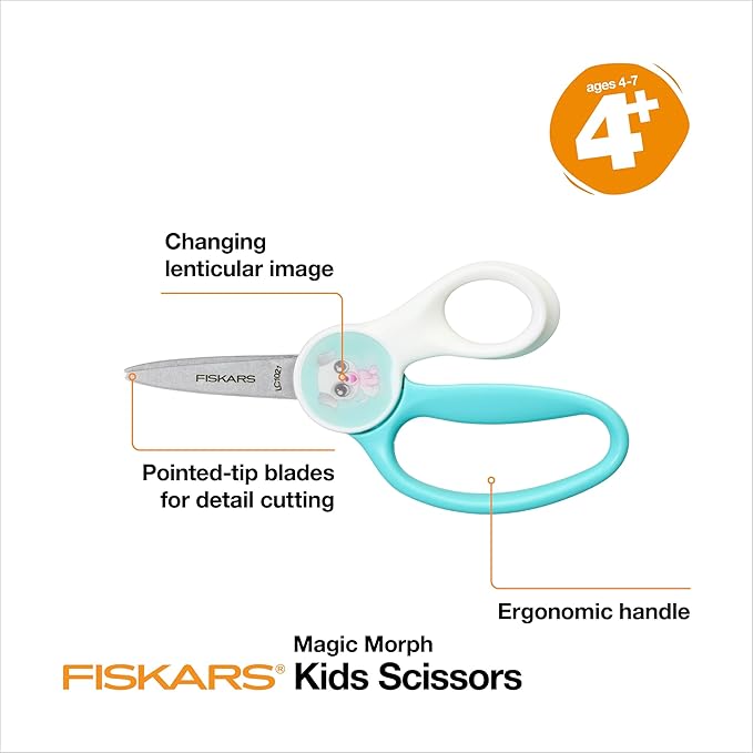 FISKARS Magic Morph Kids Scissors - Image Moves when Tilted - Pointed-tip for Ages 4+ - Fun Puppy Design - Back to School Supplies