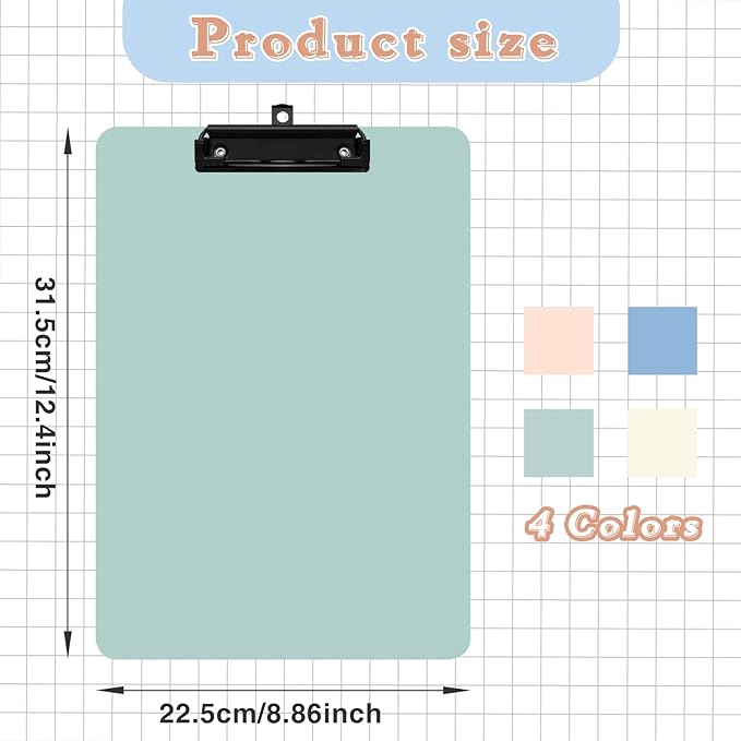 4 Pack Colored Clip Boards,Plastic Clipboards with Low Profile Metal Clip,Hangable Clipboard,Low Profile Clip Board 12.5 x 9 Inch Standard Letter Size