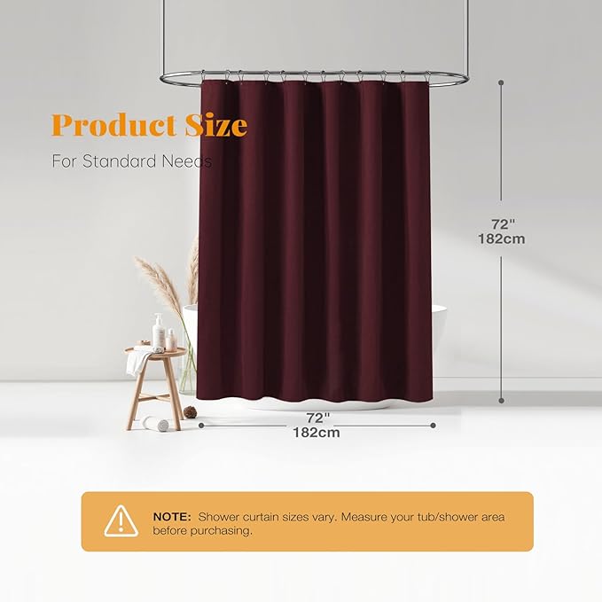 BTTN Burgundy Shower Curtain - Linen Textured Heavy Duty Waterproof Cloth Shower Curtain Set with 12 Plastic Hooks, Hotel Spa Luxury Simple Decorative Thick Fabric Shower Curtains for Bathroom - 72x72