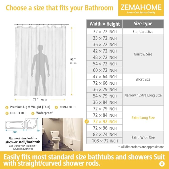 Extra Long Clear Plastic Shower Curtain Liner - Lightweight 72" x 92" Transparent Bathroom Shower Showroom Curtain Liner with Rustproof Metal Gromments and Weighted Magnet