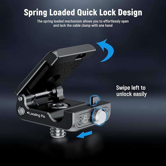 NEEWER Spring Loaded Cable Clamp, 2 Pack, Camera Cage Cable Organizer with Removable Anti Twist Locating Pin, 1/4" Screw, Quick Release Lock, Foam Pad for HDMI, USB, Headphone, Shutter Cables, UA073