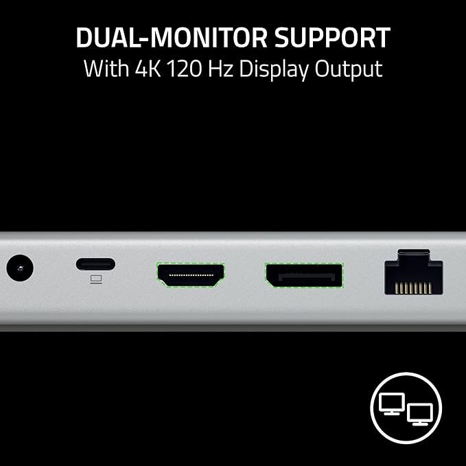 Razer USB 4 Dock: 14 Ports (Type C, Type A, HDMI, DP, Ethernet, SD, 3.5mm) - Dual Monitor Up to 4K 120 Hz - Laptop & Phone Fast Charge - Durable Lightweight Casing - Windows & Mac Compatible - Mercury