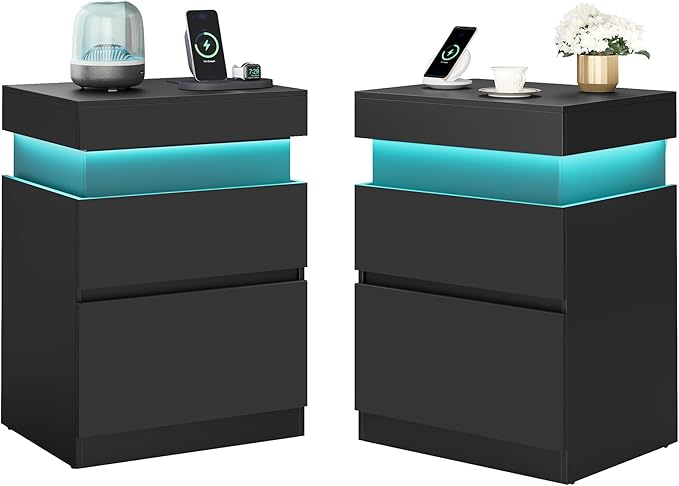 VASAGLE Kailyn Collection - Nightstands with Power Outlets, Sliding Lid, Modern Bedside Tables with LED Lights, End Tables, 2 Drawers, Set of 2, 15.7 x 18.9 x 26.8 Inches, Ink Black ULET650BC01S-2J