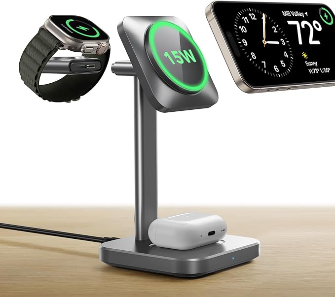 ESR for 3 in 1 Wireless Charging Station, Certified Apple Watch Charger, 15W MagSafe Charger Stand for iPhone, Wireless Charger for Multiple Devices iPhone 17/16/15/14/13, Watch, AirPods, Grey