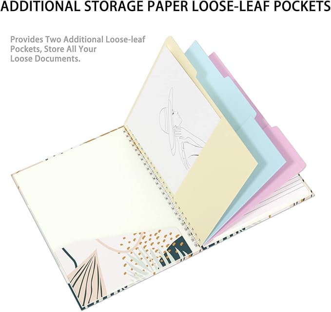 Rimilak Spiral Clipboard Folio with Refillable Lined Notepad, 14.5 x 9.8 In, Hardcover Cover with 5 Interior Pockets, Elastic Band and Pen Loop Series. Cute Stylish Clipfolio, Bohe Leaves
