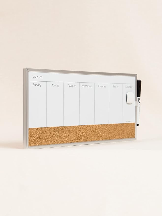 U Brands Magnetic Dry Erase Weekly Calendar White Board With Cork Strip, 18" x 7.5", Silver Aluminum Frame, Includes Magnet, Marker