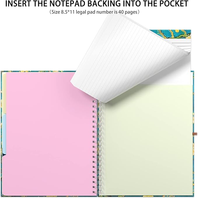 Rimilak Spiral Clipboard Folio with Refillable Lined Notepad, 14.5 x 9.8 in, Hardcover Cover with 5 Interior Pockets, Elastic Band and Pen Loop Series. Cute Stylish Clipfolio, Almond Tree