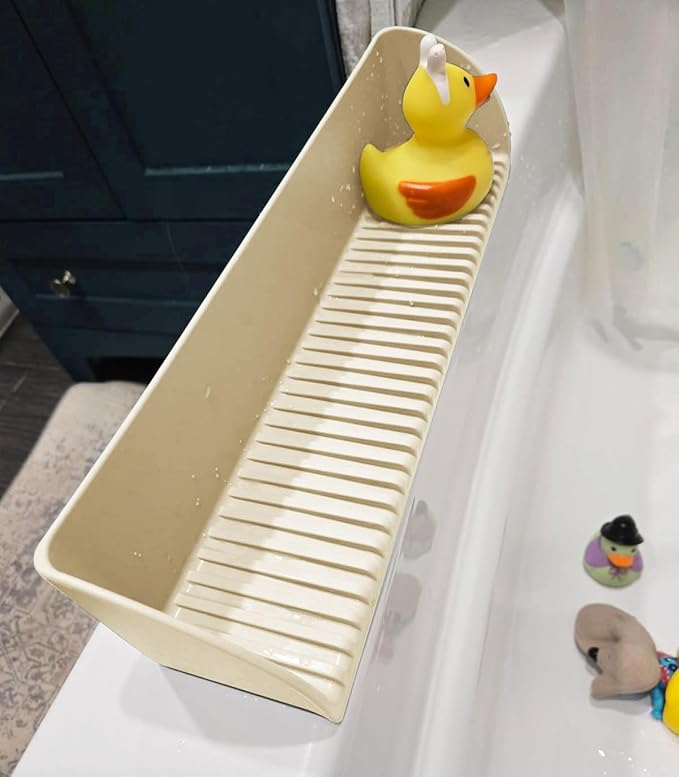 Roslim 2Pack Silicone Tub Water Splash Guard with 4 Suction Cups, Bath Toy Holder, Tub Play Shelf for Kids, Bathtub Side Splash Guard Tray, Toddler Bathroom Essentials, Beige