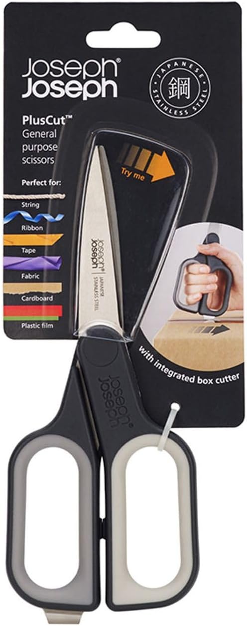 Joseph Joseph PlusCut All Purpose Kitchen Scissors with Integrated Box Cutter, Japanese Stainless-Steel Blades, Soft-Grip Handles