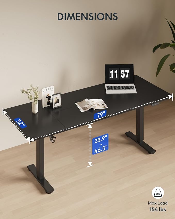 FLEXISPOT 79x32 Inch Electric Large Standing Desk for Home & Office, Spacious Splice Board Desk with Cable Management & Organizer, Cup Holder & Hook, Black
