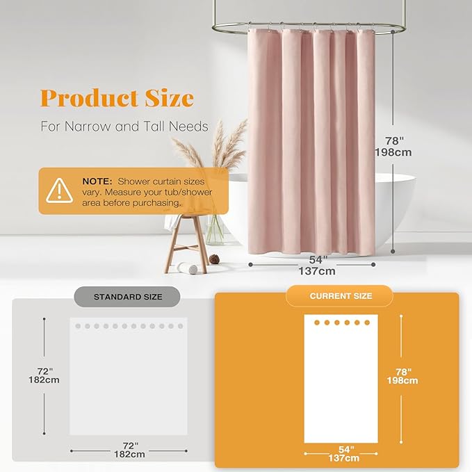 BTTN Fabric Shower Curtain, Linen Textured Heavy Duty Polyester Cloth Shower Curtain Set with Plastic Hooks, Blush, 54x78