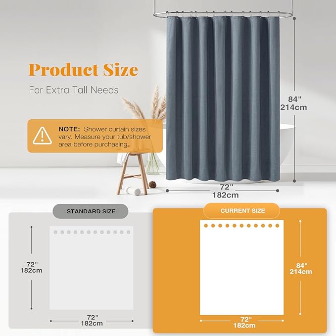 BTTN Extra Long Shower Curtain - 84 Inch Long Linen Textured Heavy Duty Fabric Shower Curtain Set with 12 Plastic Hooks, Large Hotel Spa Simple Polyester Bath Curtains for Bathroom - 72x84 - Blue Gray