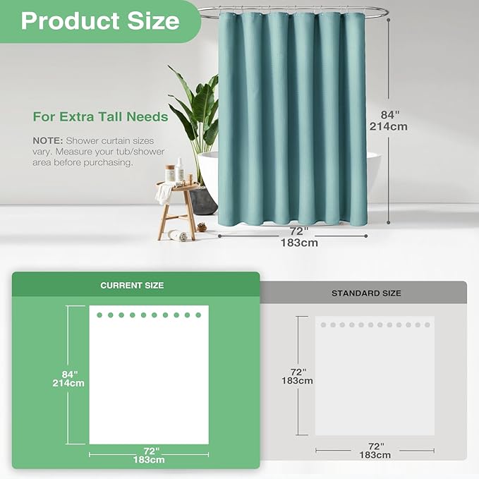 Dynamene Extra Long Shower Curtain,84 Inch Long Waffle Weave Weighted Thick Cloth Bathroom Shower Curtain, Neutral Heavy Duty Hotel Bath Curtain Set with 12 Plastic Hooks,72x84,Teal