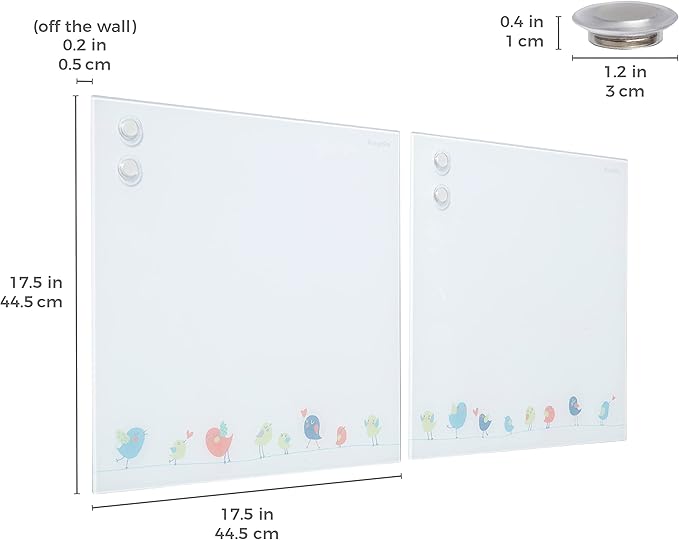 ECR4Kids MessageStor Magnetic Dry-Erase Glass Board with Magnets, 17.5in x 17.5in, Wall-Mounted Whiteboard, Birds, 2-Pack