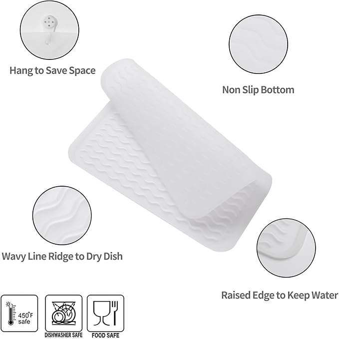 Silicone Dish Drying Mat for Multiple Usage,Easy clean,Eco-friendly,Heat-resistant Silicone Mat for Kitchen Counter or Sink,Refrigerator or Drawer liner Translucent M 12 inches x 12 inches