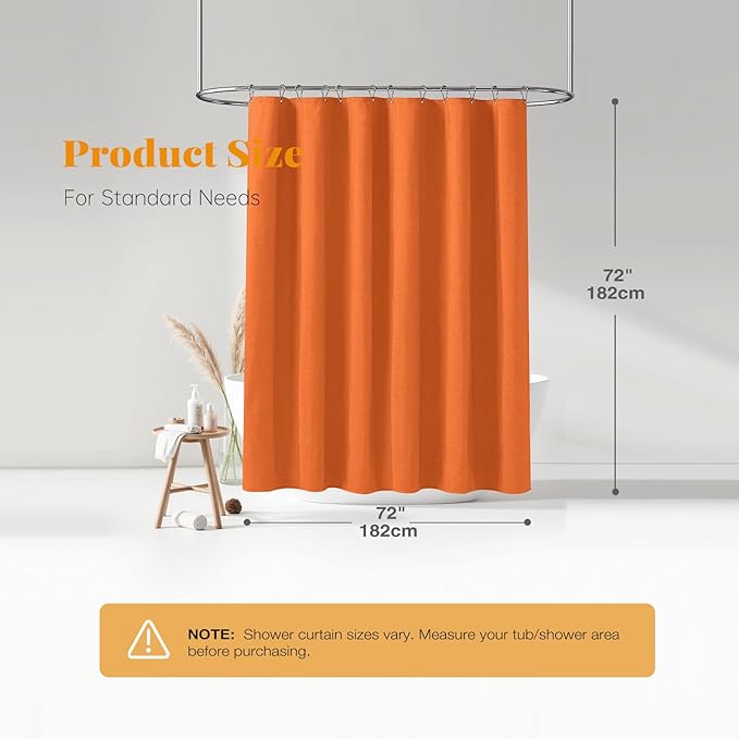 BTTN Orange Shower Curtain - Linen Textured Heavy Duty Waterproof Cloth Shower Curtain Set with 12 Plastic Hooks, Hotel Spa Luxury Simple Decorative Thick Fabric Shower Curtains for Bathroom - 72x72