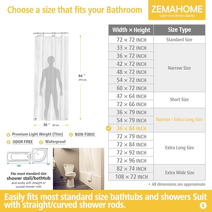 Narrow Long Clear Plastic Shower Curtain Liner, 36x84 Inch Thin Lightweight Transparent Plastic Bathroom Shower Showroom Inner Curtain with Rustproof Metal Grommet Holes and Weighted Magnets