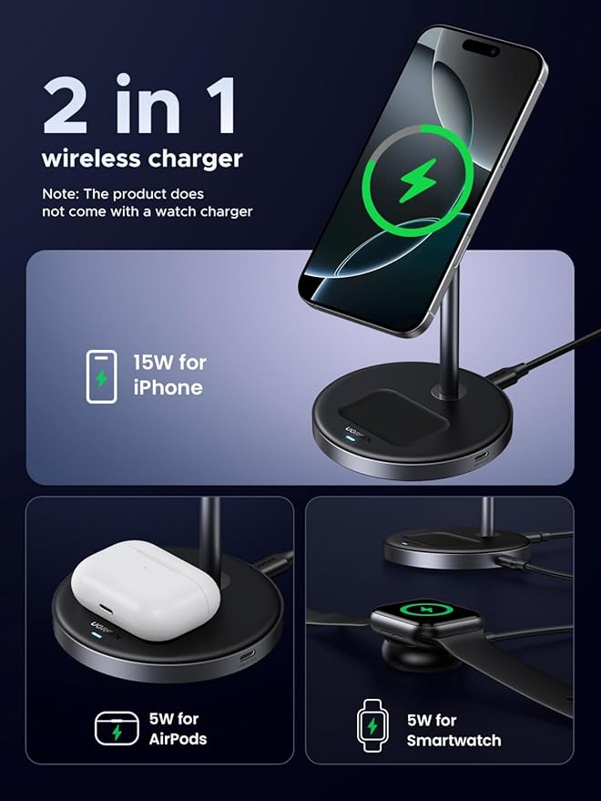 UGREEN Qi2 Certified 15W 2-in-1 Magnetic Wireless Charging Stand, Fast Charging Station for iPhone 17 16 15 14 13 12 Series and AirPods, MagSafe-Compatible Wireless Charger with 3 FT USB-C Cable
