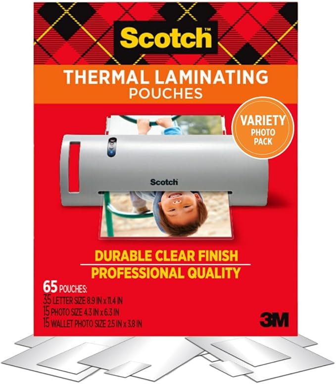 Scotch Thermal Pouches, Variety Pack, Letter Size, 4 in x 6 in Size, and Wallet Size Pouches