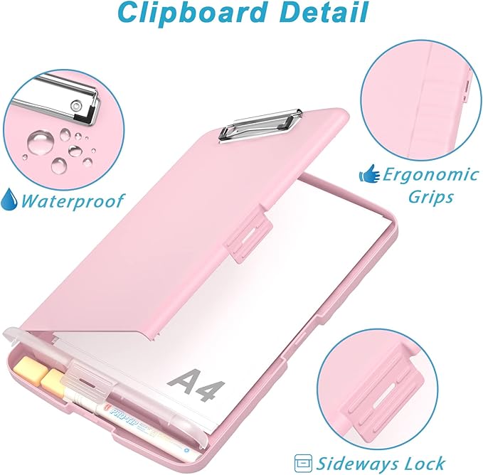 Rimilak Plastic Clipboard with Storage, 8.5 x 11″ High Capacity Folio Nursing Case with Pen Holder, Size 14.2 x 9.6 x 1.2″ Folder Side-Opening for Classroom, Teacher, Student, Smooth Writing, Pink