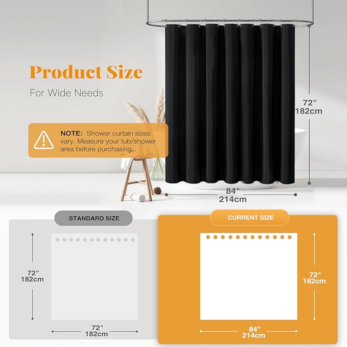 BTTN 84 Inch Wide Shower Curtain - W84xH72 Linen Textured Heavy Duty Fabric Cloth Shower Curtain Set with 14 Plastic Hooks, Large Hotel Simple Waterproof Polyester Bath Curtains for Bathroom - Black