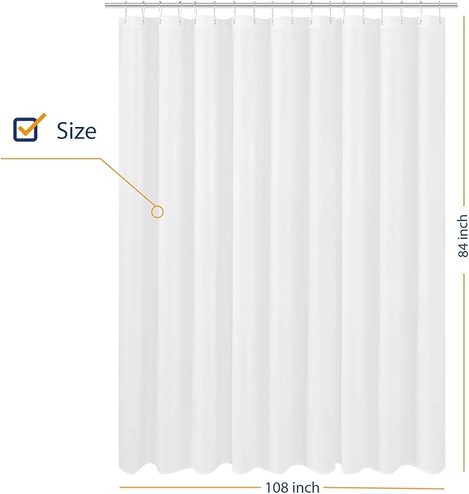 N&Y HOME Extra Wide Extra Long Fabric Shower Curtain Liner 108 x 84 inch, Hotel Quality, Washable, White Spa Bathroom Curtains with Grommets, 108x84