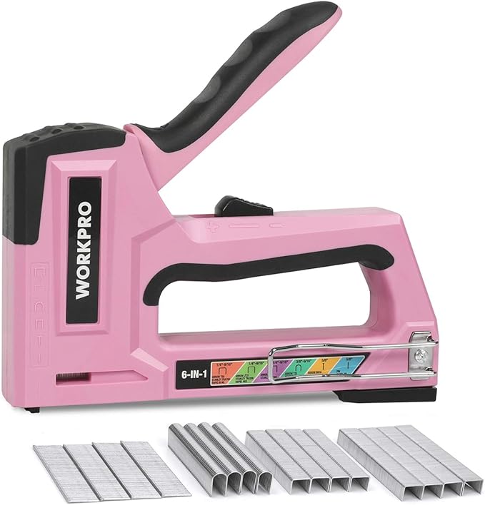 WORKPRO Pink Staple Gun, 6-in-1 Manual Brad Nailer with 4000-Pieces Staples for Fixing Material, Carpentry, Upholstery, Furniture and DIY - Pink Ribbon